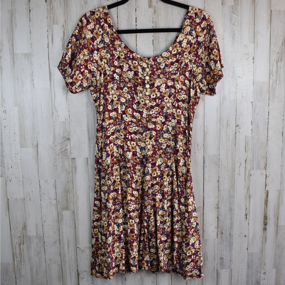 90s Vintage Floral Dress Women's Medium Red Brown Short Sleeve Cottage Grunge M - Picture 2 of 9